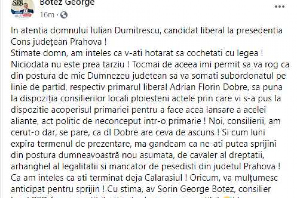 Apel către liderul PNL Prahova și candidatul pentru funcția de președinte al Consiliului Județean Prahova